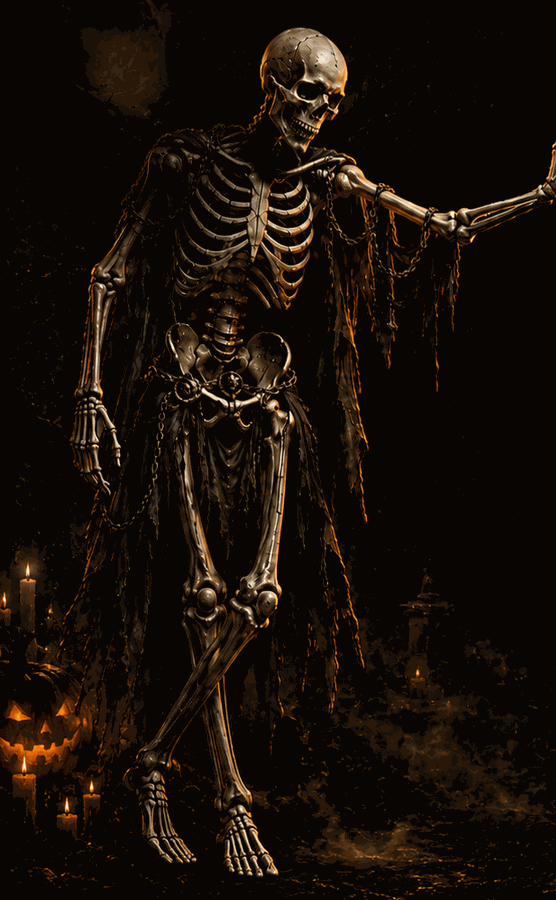 Halloween guardian skeleton on the left side of the spinning wheels