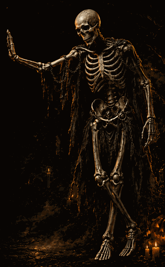Halloween guardian skeleton on the right side of the spinning wheels