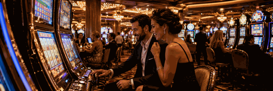 Elegant couple in the Star Vegas slots section with many people at the slot machines